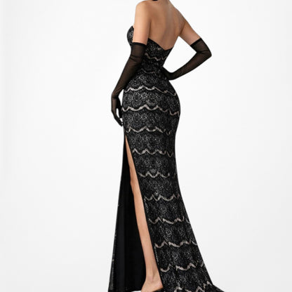 Vintage Black Strapless Lace Bodycon Side Slit Maxi Prom Dress Size XS