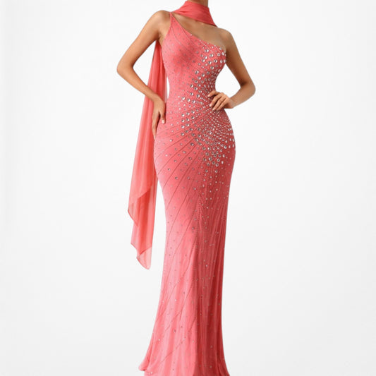 Vintage Pink Silk Beaded One Shoulder Maxi Bodycon Formal Prom Dress Size S