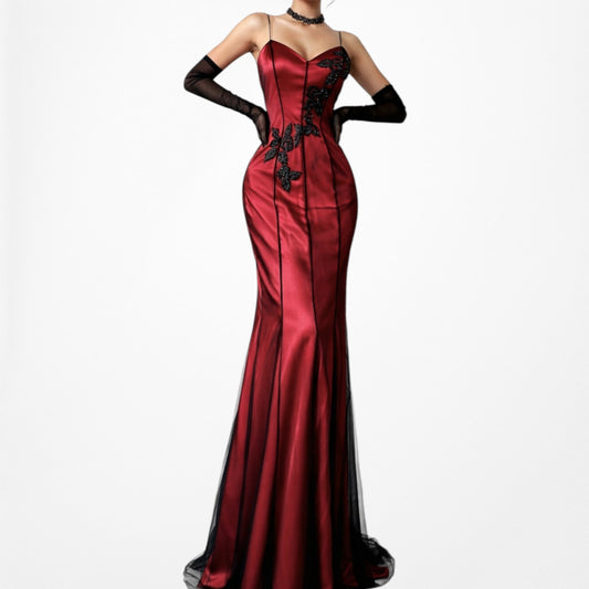 Vintage Burgundy Red Floral Beaded Embroidered Mesh Bodycon Maxi Formal Prom Dress Size S/M