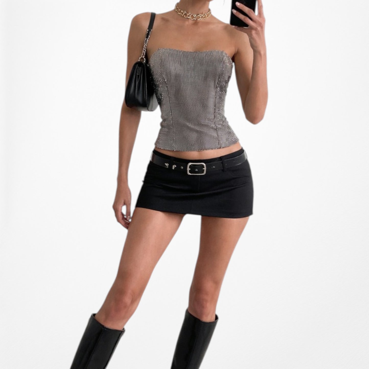Vintage Y2K 90s Silver Gray Metallic Bustier Corset Rhinestone Crop Top Size M