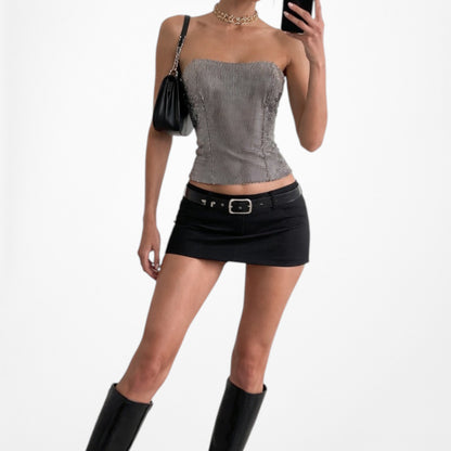 Vintage Y2K 90s Silver Gray Metallic Bustier Corset Rhinestone Crop Top Size M