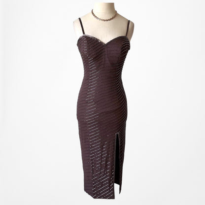 Vintage Brown Beaded Silk Knee Length Thigh High Side Slit Bodycon Dress Size XS