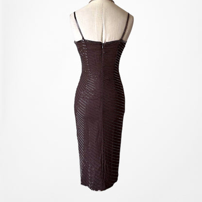 Vintage Brown Beaded Silk Knee Length Thigh High Side Slit Bodycon Dress Size XS