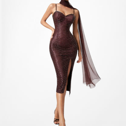 Vintage Brown Beaded Silk Knee Length Thigh High Side Slit Bodycon Dress Size XS