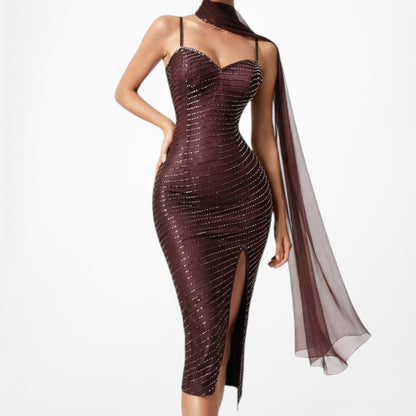 Vintage Brown Beaded Silk Knee Length Thigh High Side Slit Bodycon Dress Size XS
