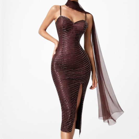 Vintage Brown Beaded Silk Knee Length Thigh High Side Slit Bodycon Dress Size XS