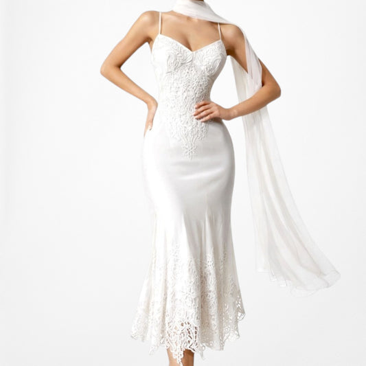 Vintage Off White Floral Lace Asymmetric Hem Midi Flared Cocktail Dress Size M/L