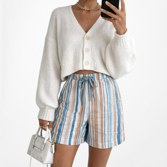 Blue High Low Rise Drawstring Relaxed Fit Summer Bermuda Style Shorts Size XS/S