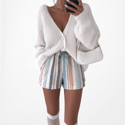 Blue High Low Rise Drawstring Relaxed Fit Summer Bermuda Style Shorts Size XS/S