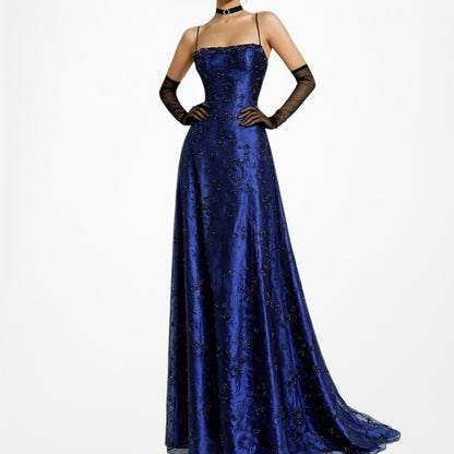 Vintage Blue Black Mesh Velvet Beaded Flared Maxi Prom Dress Size M