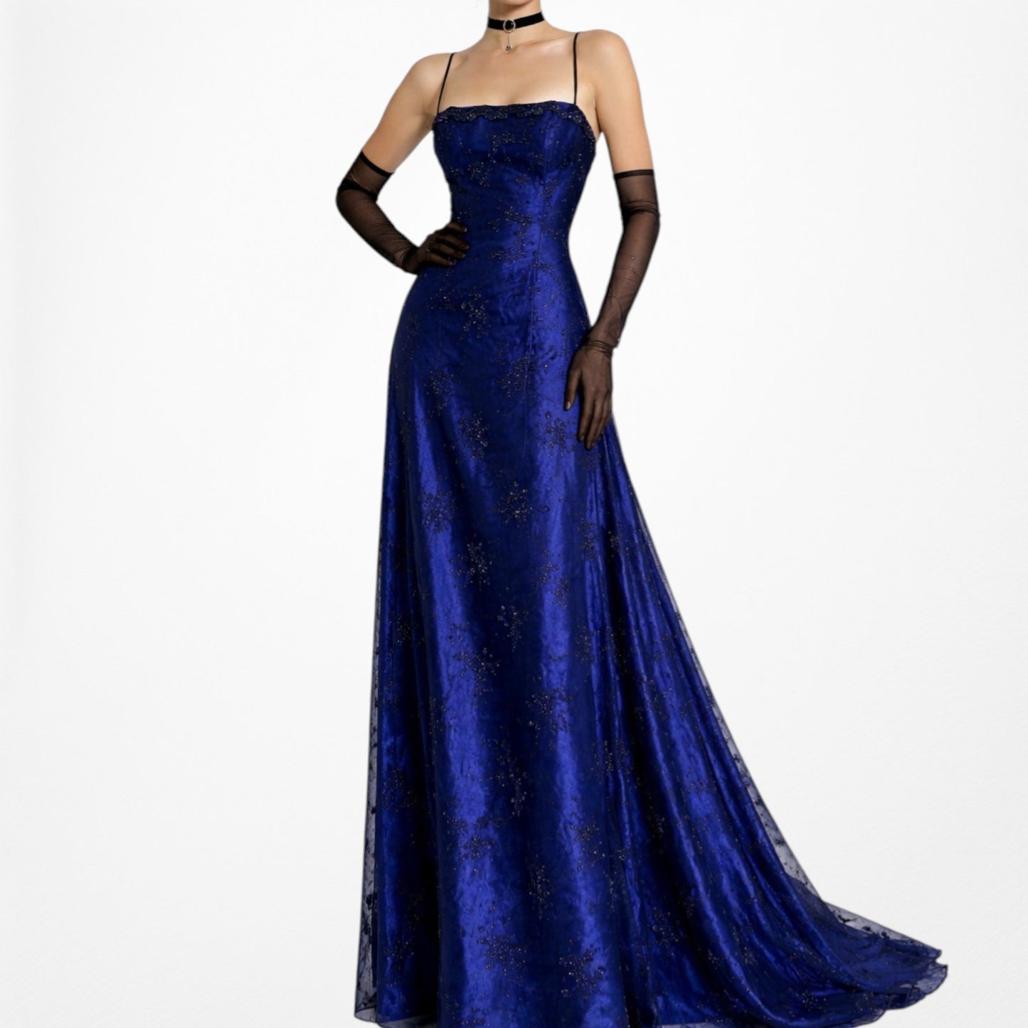 Vintage Blue Black Mesh Velvet Beaded Flared Maxi Prom Dress Size M