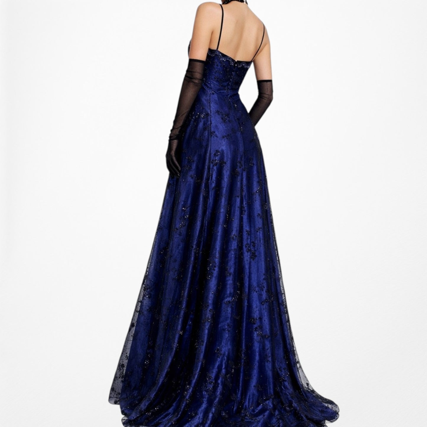 Vintage Blue Black Mesh Velvet Beaded Flared Maxi Prom Dress Size M