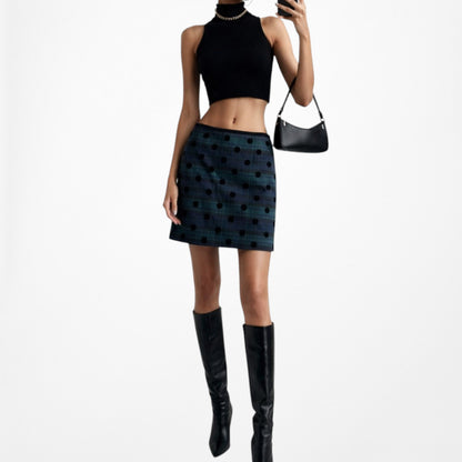 Vintage Y2K Blue Black Wool Blend Polka Dot Checkered Knee Length Pencil Skirt L