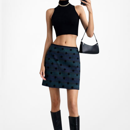 Vintage Y2K Blue Black Wool Blend Polka Dot Checkered Knee Length Pencil Skirt L