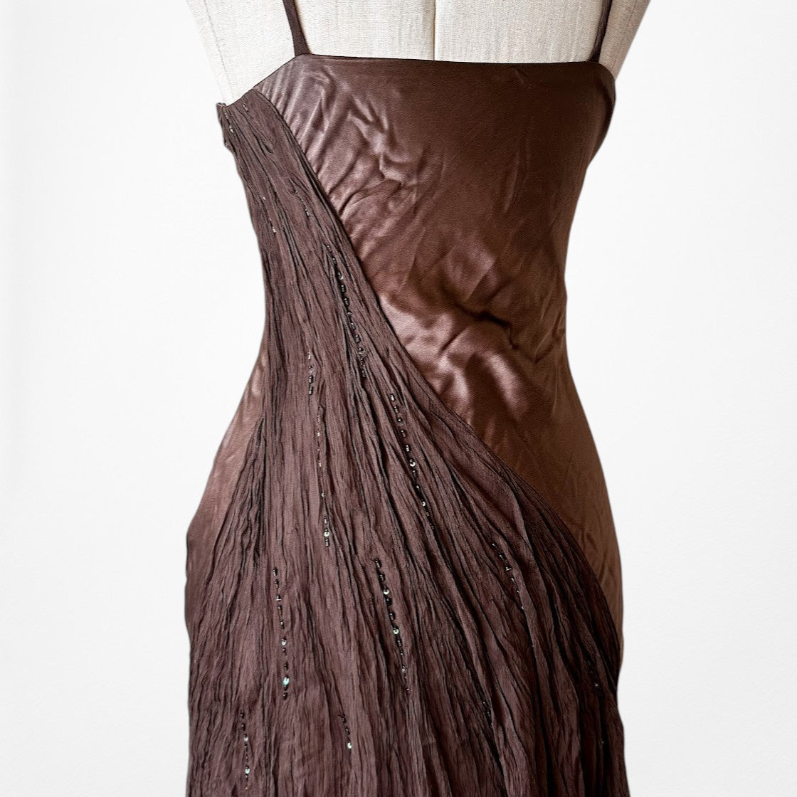 Vintage Brown Silk Beaded Fit Flared Maxi Prom Dress Size S