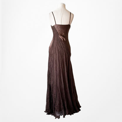 Vintage Brown Silk Beaded Fit Flared Maxi Prom Dress Size S