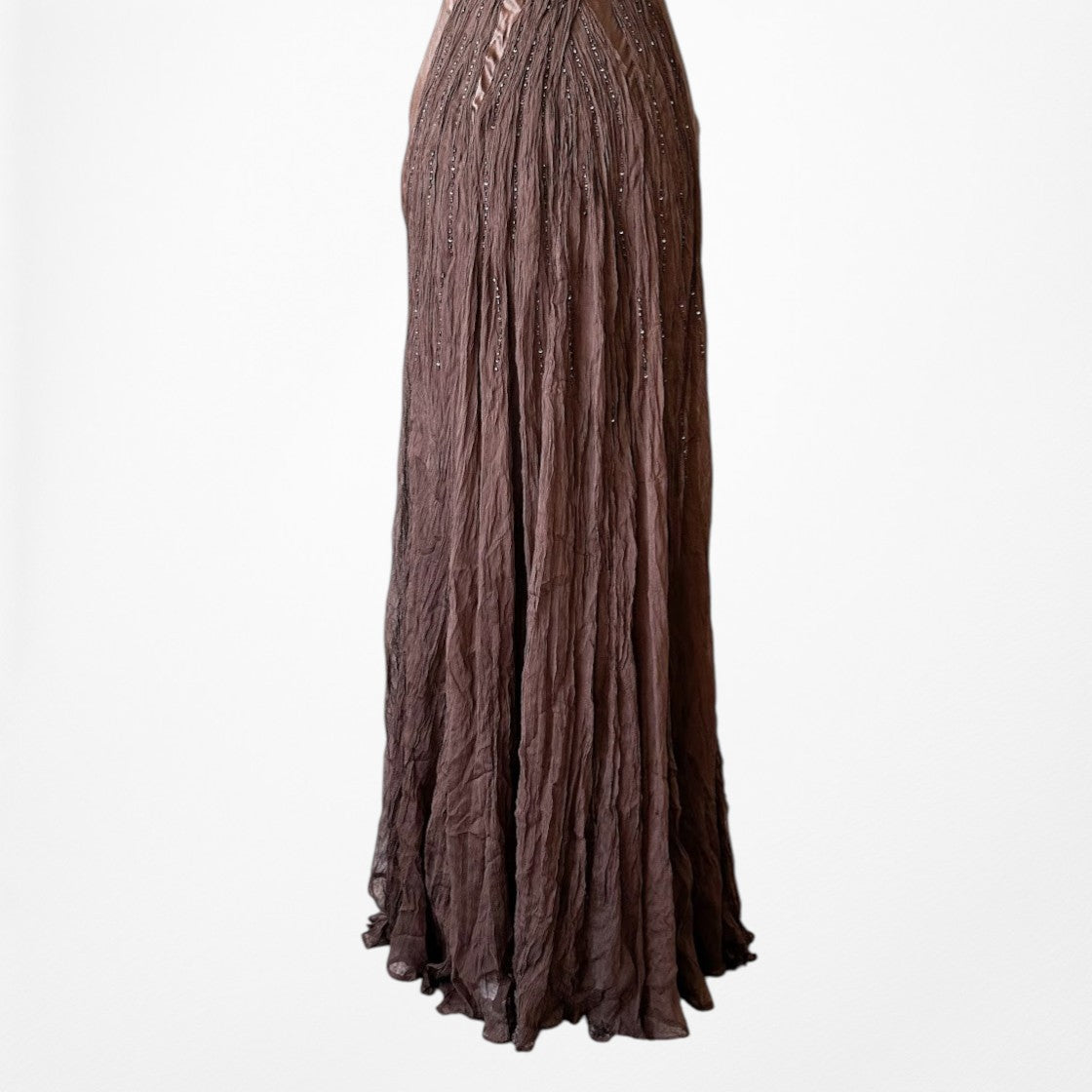 Vintage Brown Silk Beaded Fit Flared Maxi Prom Dress Size S