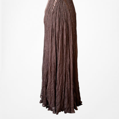 Vintage Brown Silk Beaded Fit Flared Maxi Prom Dress Size S