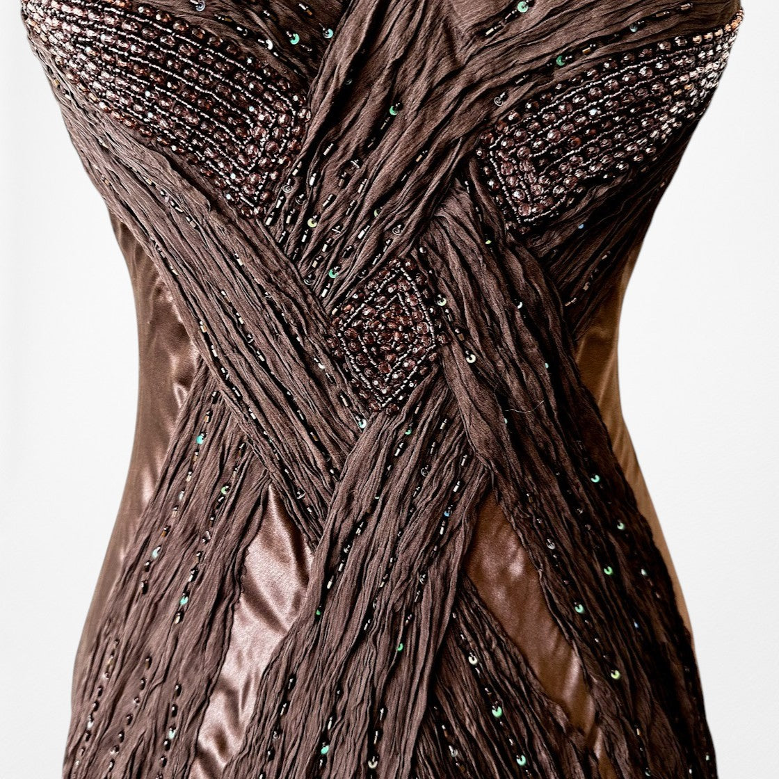 Vintage Brown Silk Beaded Fit Flared Maxi Prom Dress Size S