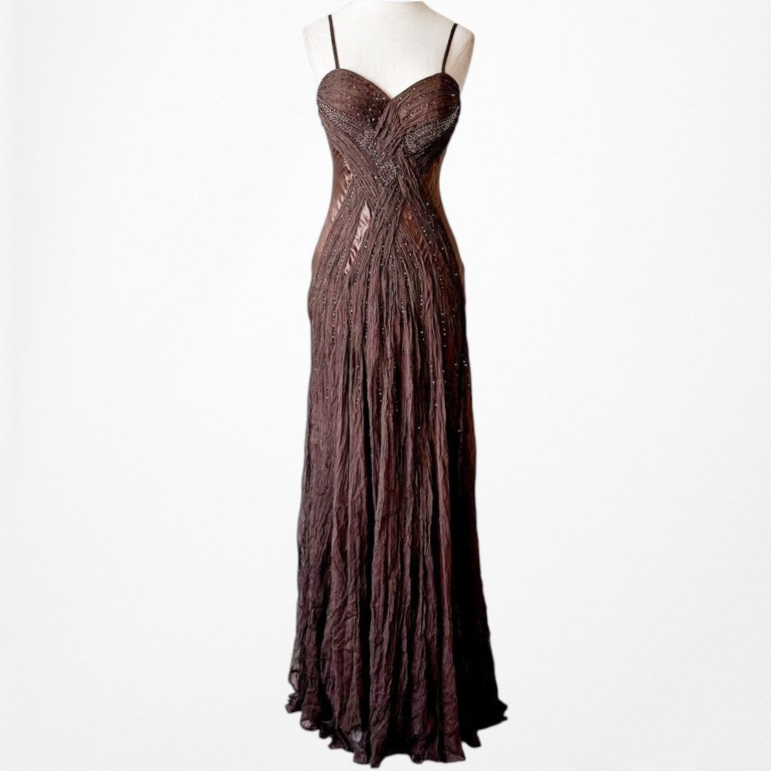 Vintage Brown Silk Beaded Fit Flared Maxi Prom Dress Size S