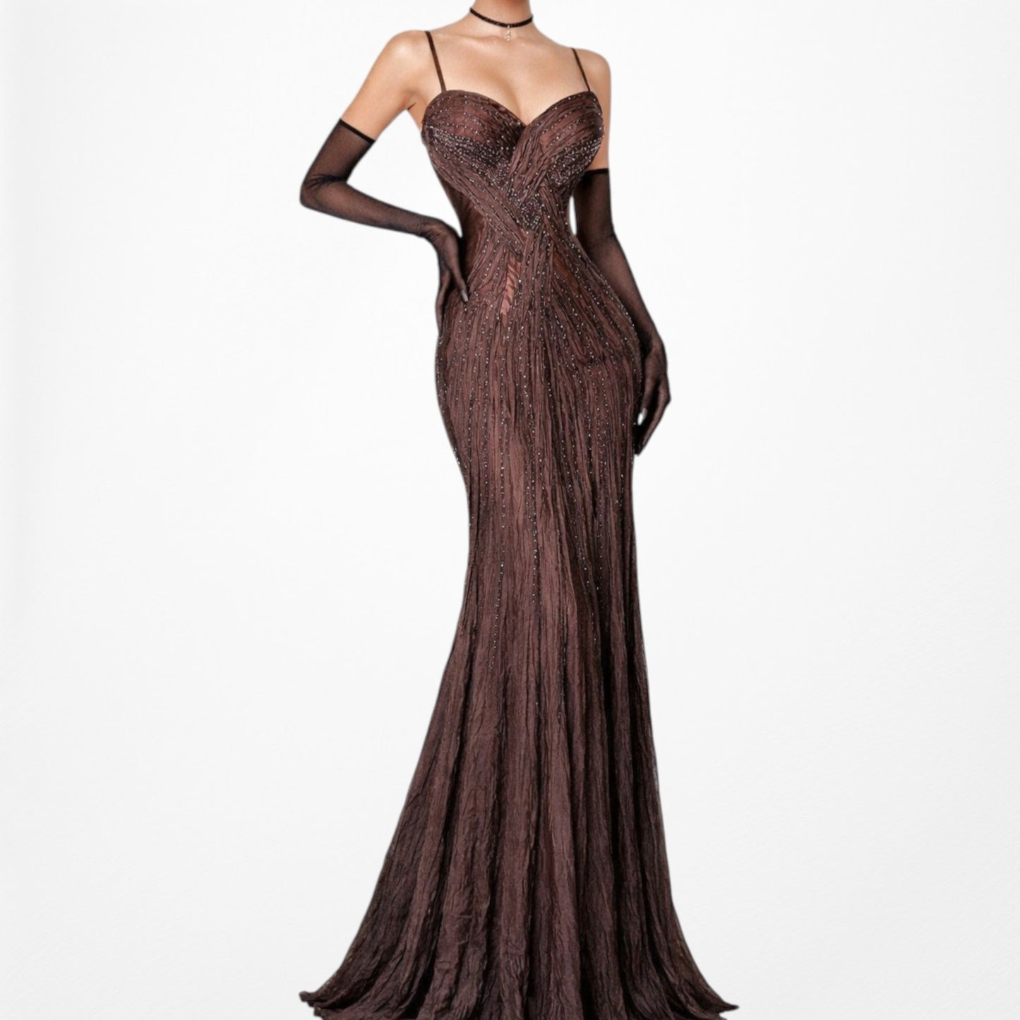 Vintage Brown Silk Beaded Fit Flared Maxi Prom Dress Size S