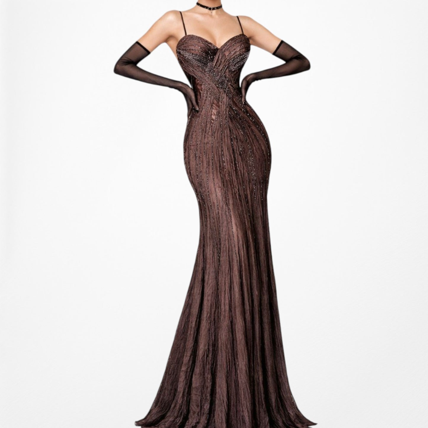 Vintage Brown Silk Beaded Fit Flared Maxi Prom Dress Size S