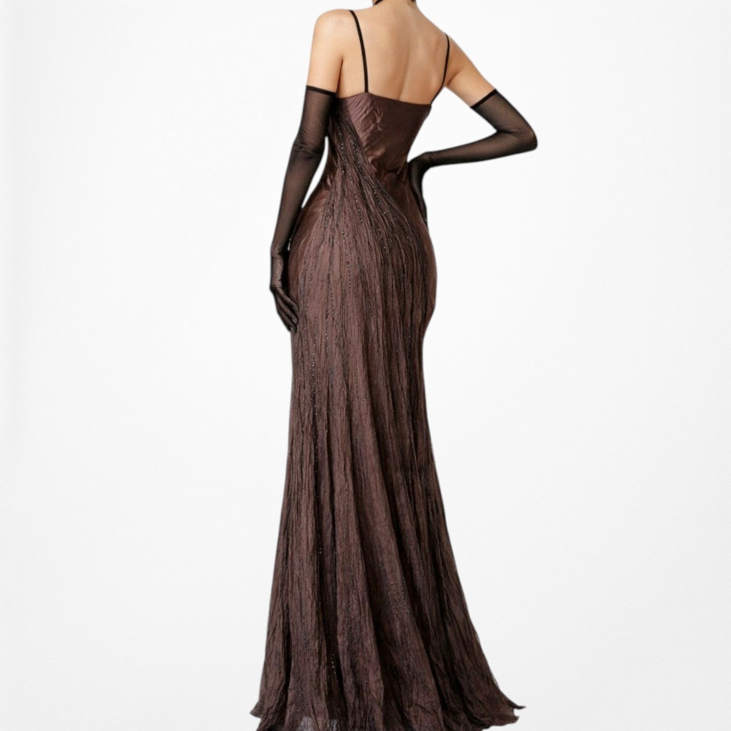Vintage Brown Silk Beaded Fit Flared Maxi Prom Dress Size S