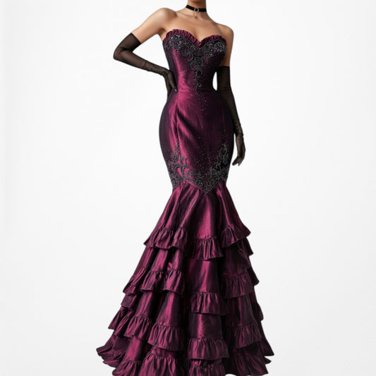 Vintage Burgundy Red Strapless Beaded Satin Ruffle Flared Maxi Prom Dress Size M