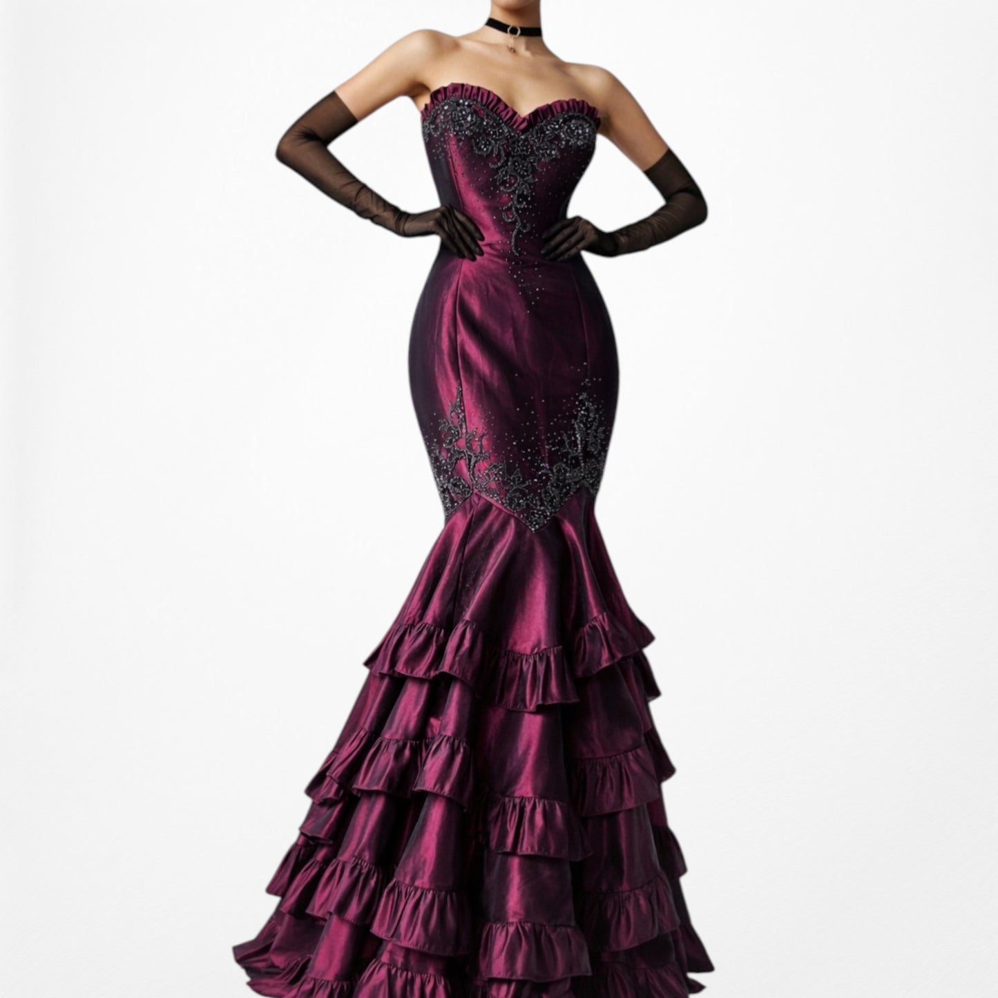 Vintage Burgundy Red Strapless Beaded Satin Ruffle Flared Maxi Prom Dress Size M
