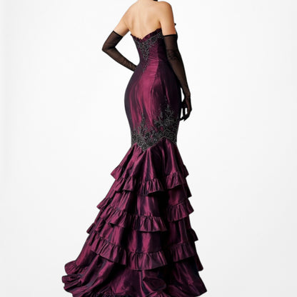 Vintage Burgundy Red Strapless Beaded Satin Ruffle Flared Maxi Prom Dress Size M