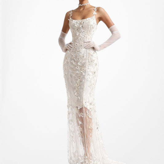 Vintage Off White Floral Applique Beaded Mesh Maxi Bodycon Prom Dress Size M