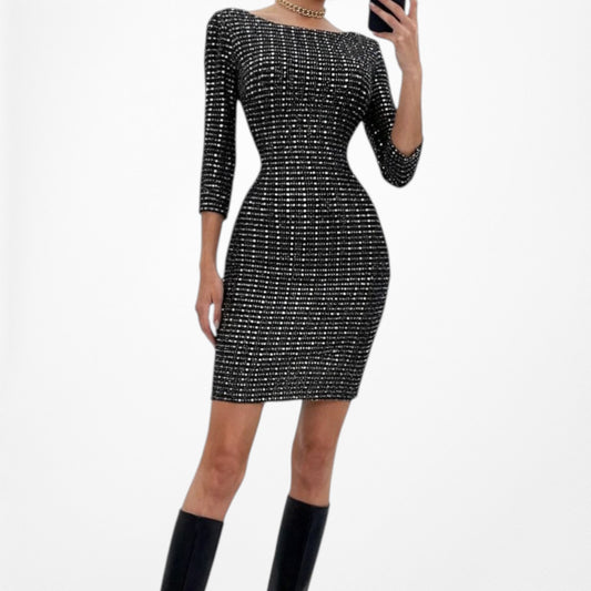 Vintage Y2K Gray Metallic Sequin Knee Length 3/4 Sleeve Cocktail Dress Size L