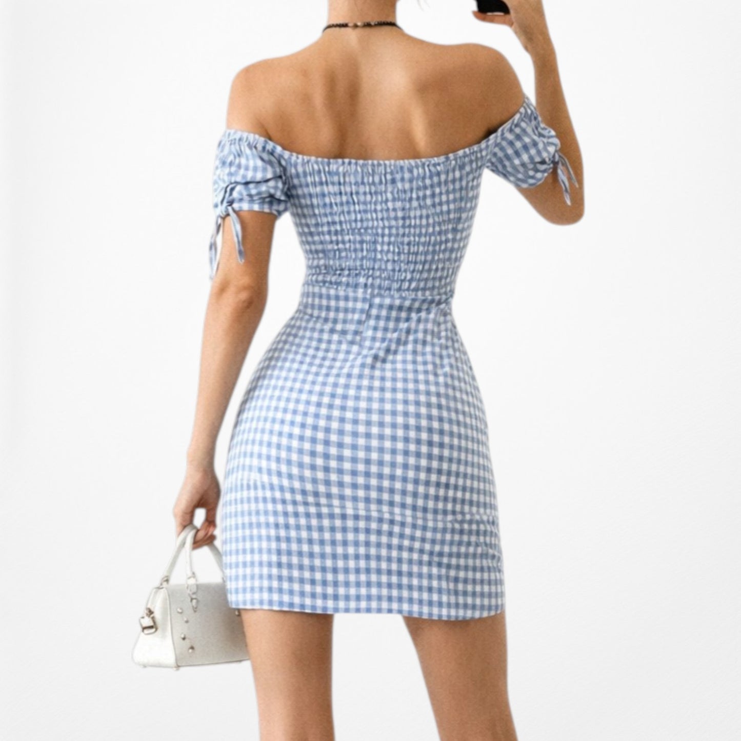 Blue Off The Shoulder Checkered Plaid Puffy Sleeve Button Down Mini Dress Size S