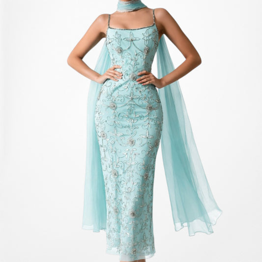 Vintage Pastel Blue Floral Beaded Bodycon Midi Cocktail Prom Dress Size L