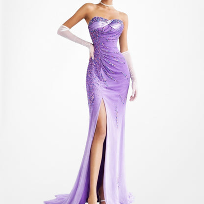 Vintage Purple Gradient Ombre Beaded Strapless Side Slit Maxi Prom Dress Size XS