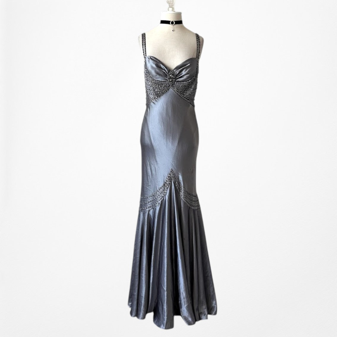 Vintage Gray Silver Satin Beaded Fit Flared Maxi Ruffle Prom Dress Size M