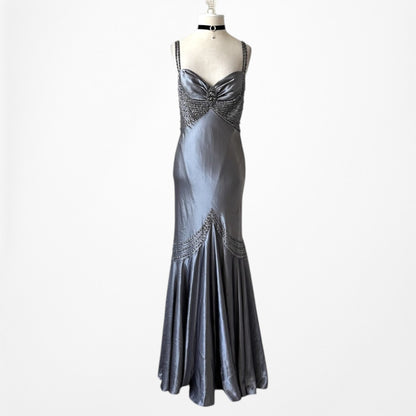 Vintage Gray Silver Satin Beaded Fit Flared Maxi Ruffle Prom Dress Size M