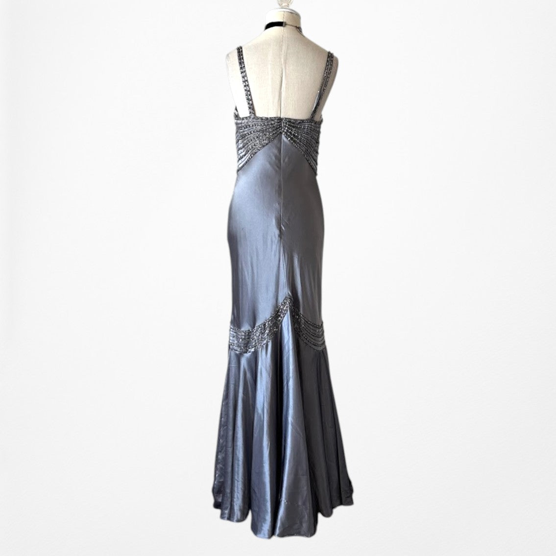 Vintage Gray Silver Satin Beaded Fit Flared Maxi Ruffle Prom Dress Size M