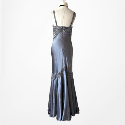 Vintage Gray Silver Satin Beaded Fit Flared Maxi Ruffle Prom Dress Size M