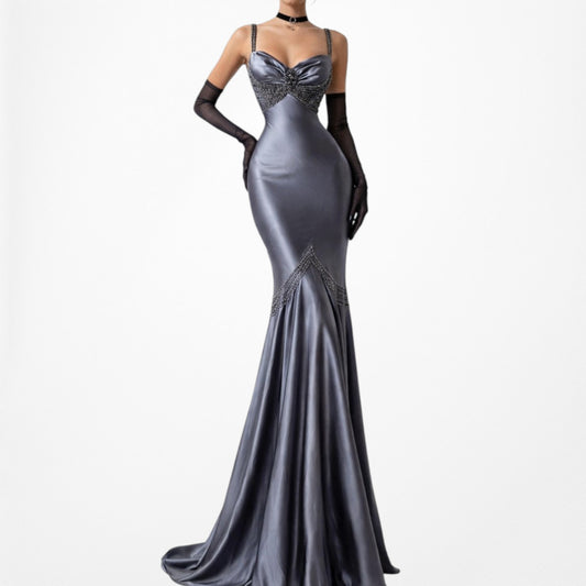 Vintage Gray Silver Satin Beaded Fit Flared Maxi Ruffle Prom Dress Size M