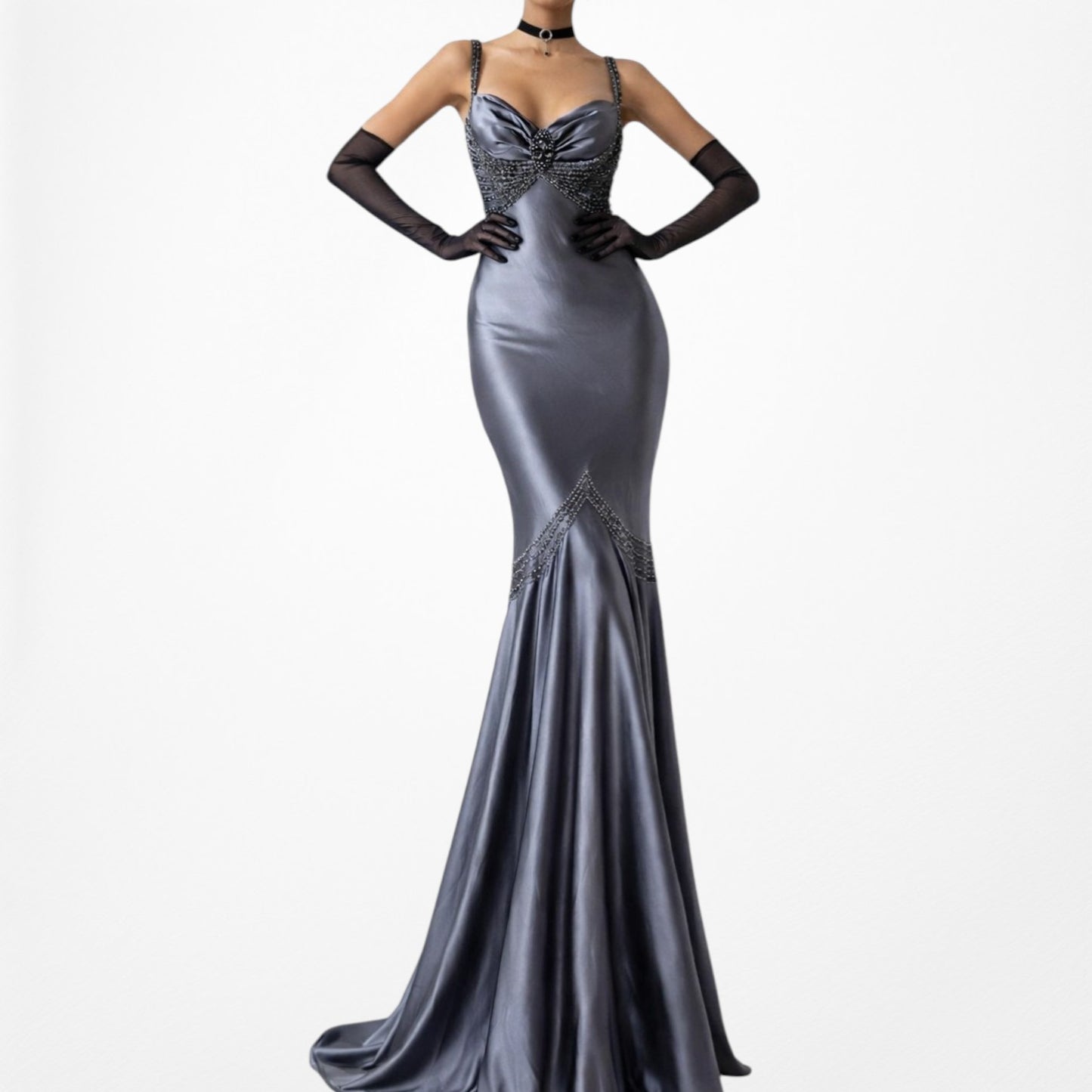 Vintage Gray Silver Satin Beaded Fit Flared Maxi Ruffle Prom Dress Size M