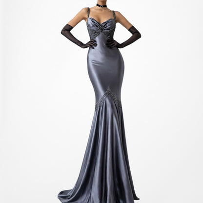 Vintage Gray Silver Satin Beaded Fit Flared Maxi Ruffle Prom Dress Size M