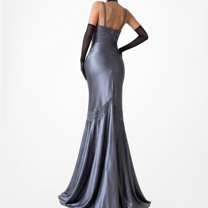 Vintage Gray Silver Satin Beaded Fit Flared Maxi Ruffle Prom Dress Size M