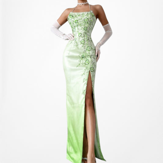 Vintage Green Satin Ombre Floral Beaded Side Slit Formal Prom Dress Size XS/S