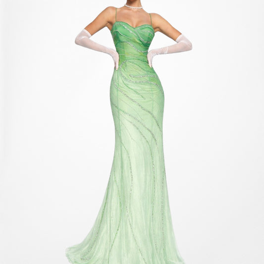 Vintage Green Ombre Fit Flared Beaded Formal Prom Dress Size S
