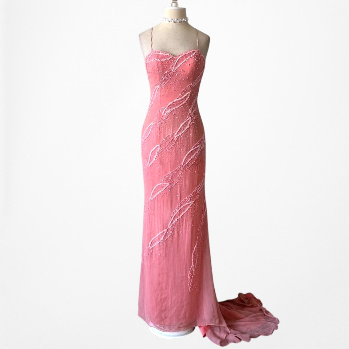 Vintage Pink Bodycon Silk Beaded Sequin Maxi Prom Dress Size XS/S