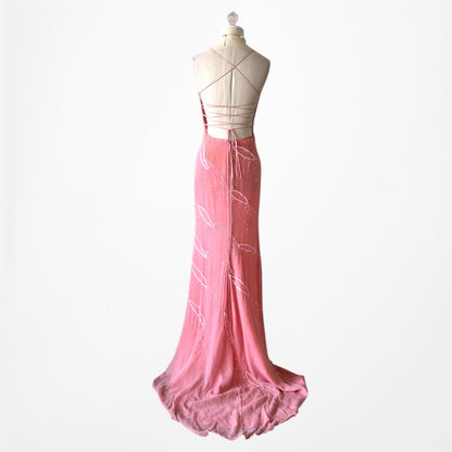 Vintage Pink Bodycon Silk Beaded Sequin Maxi Prom Dress Size XS/S