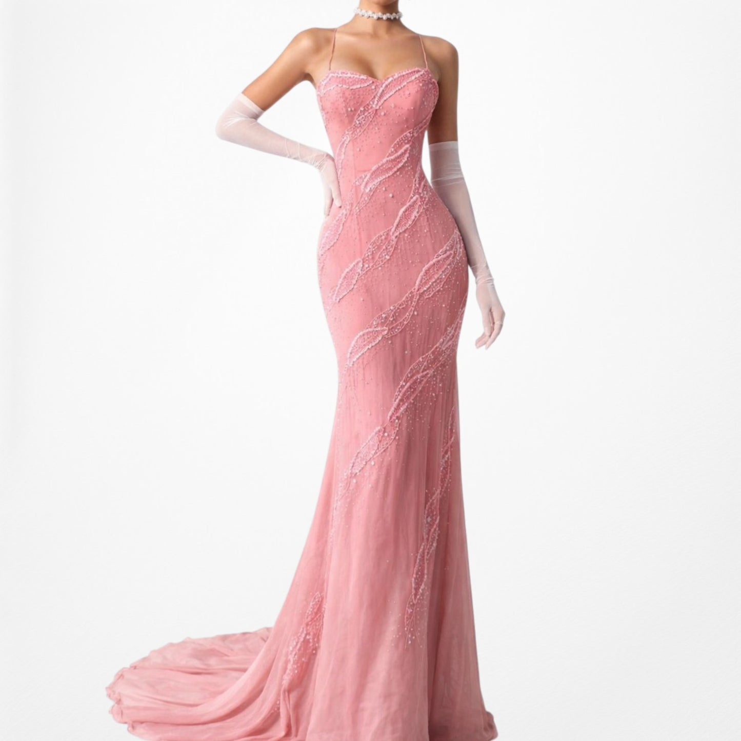 Vintage Pink Bodycon Silk Beaded Sequin Maxi Prom Dress Size XS/S