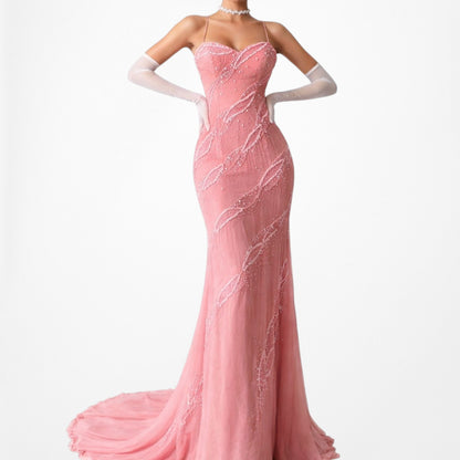 Vintage Pink Bodycon Silk Beaded Sequin Maxi Prom Dress Size XS/S