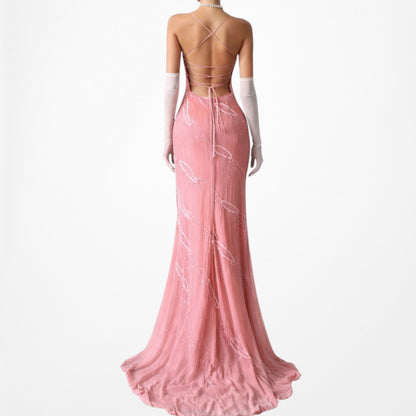 Vintage Pink Bodycon Silk Beaded Sequin Maxi Prom Dress Size XS/S